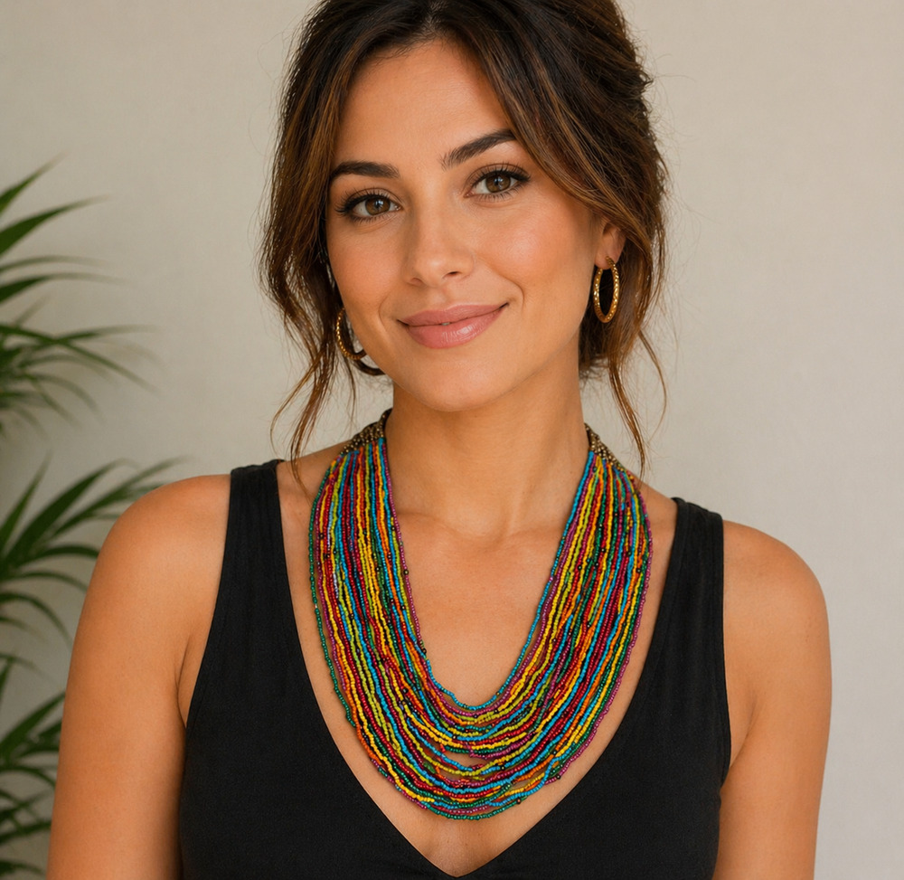 Jules Multicolor Seed Bead Bib Necklace Boho Statement Layered Festival NWT